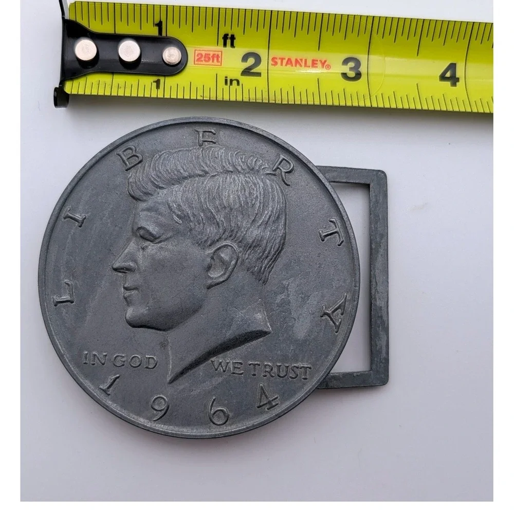 Vintage 1964 JFK Half Dollar Coin Belt Buckle Silver Tone Metal Round 3 Inch